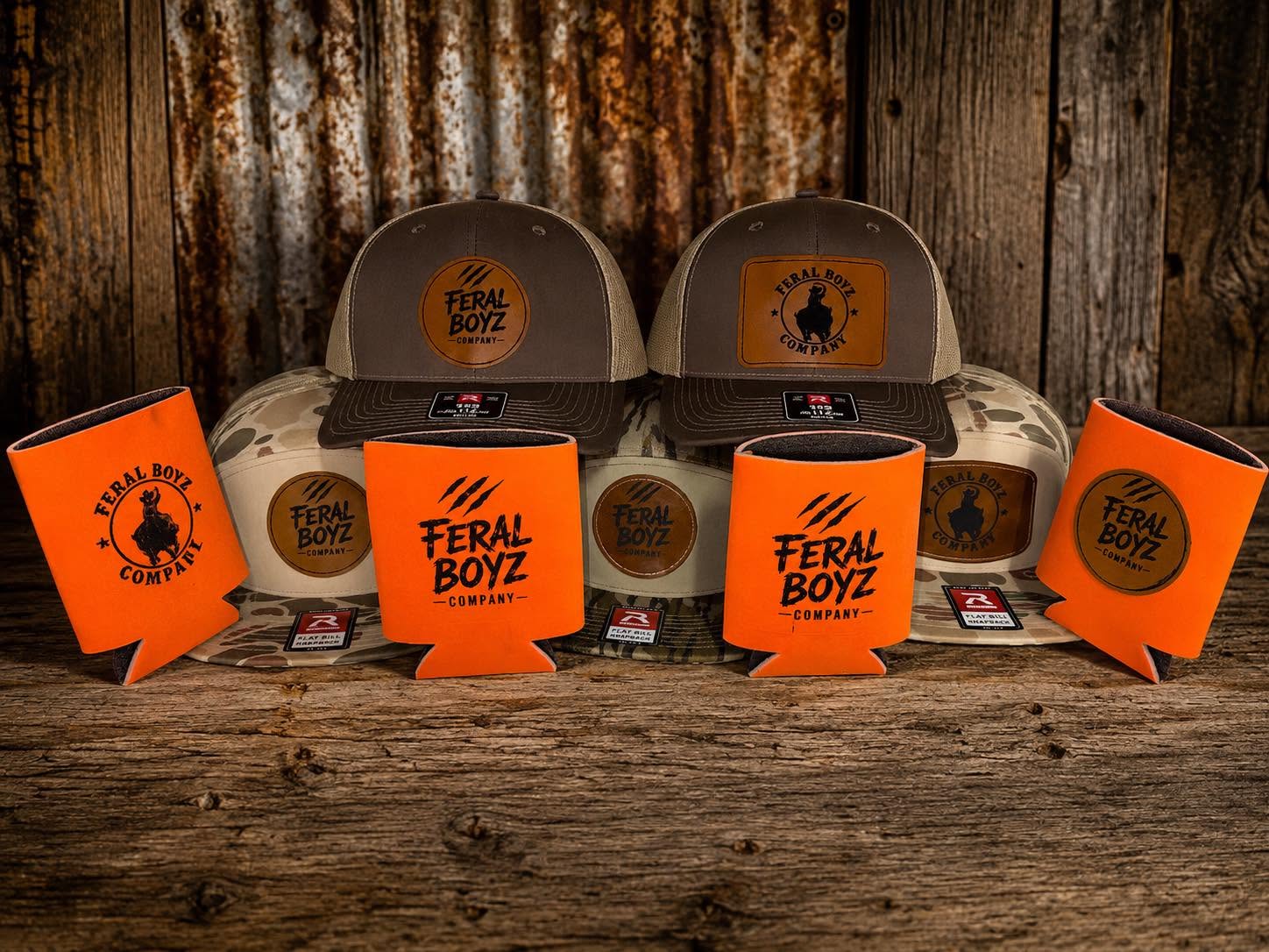 Feral Boyz trucker hats and koozies